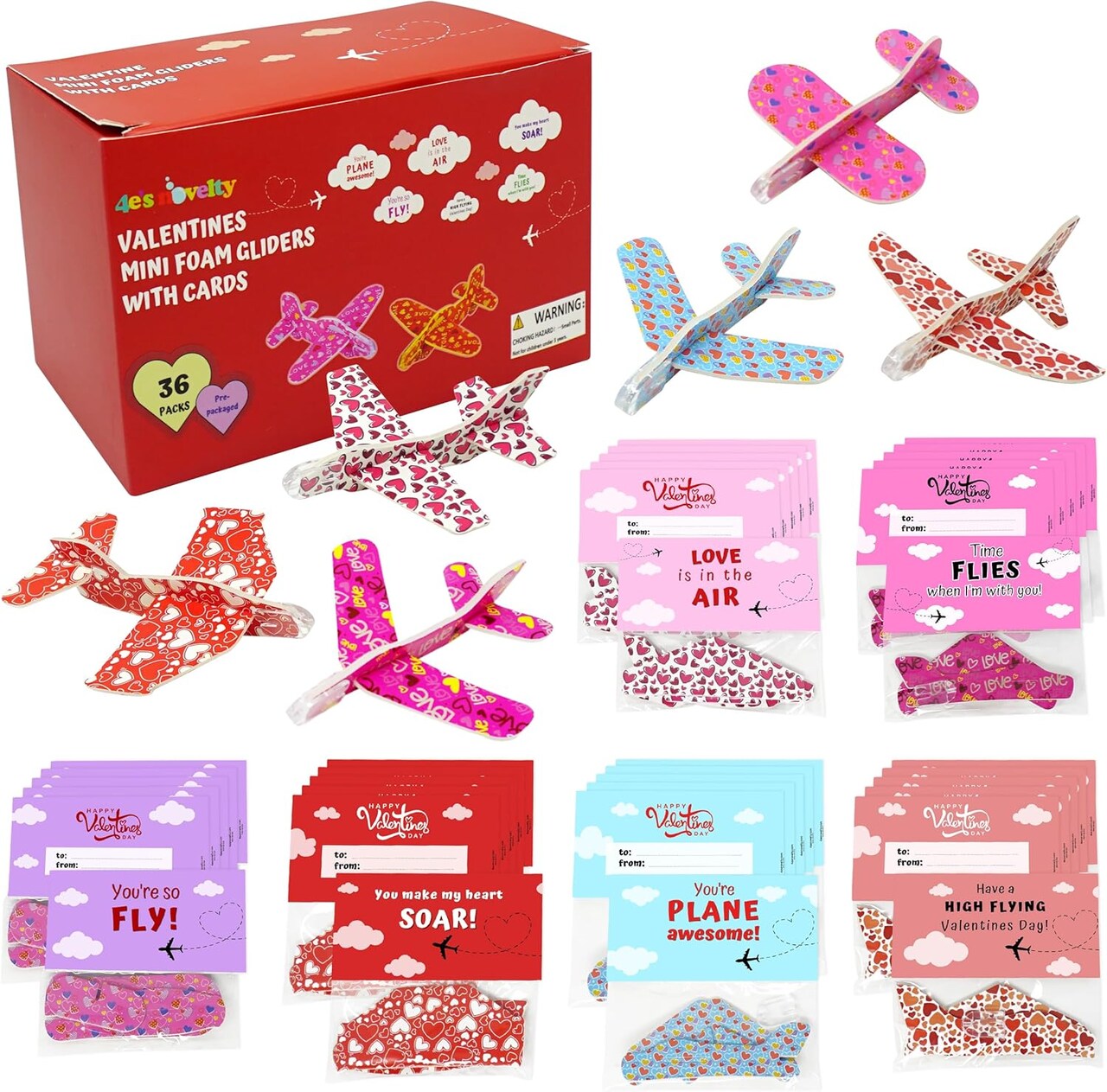 4E's Novelty 36 Pack Valentine’s Day Foam Airplane Gliders with Cards – Pre-Packaged Classroom Exchange Gifts for Kids, Candy Alternative Party Favor Toys Bulk